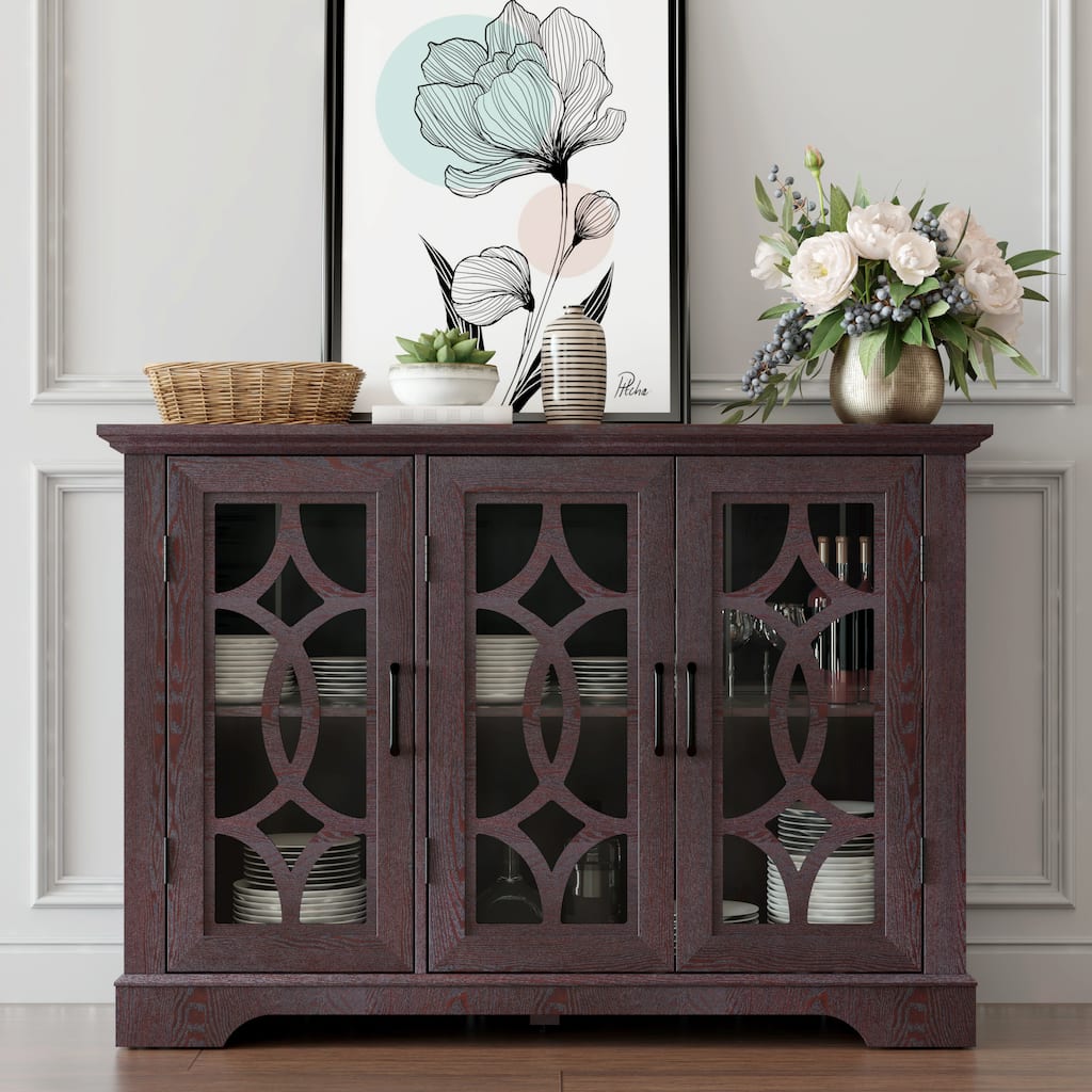 Spacious size sideboard 3 clear tempered glass doors buffet with adjustable shelf, storage cabinet for dinning room