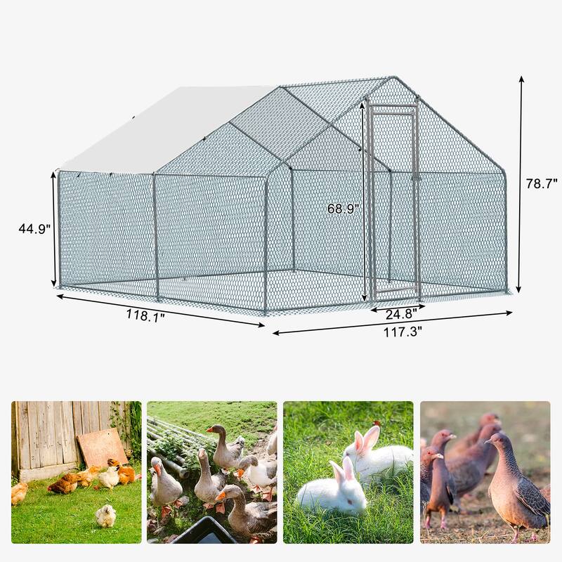 10x10 ft Metal Chicken Coop with Waterproof Cover and Lockable Door