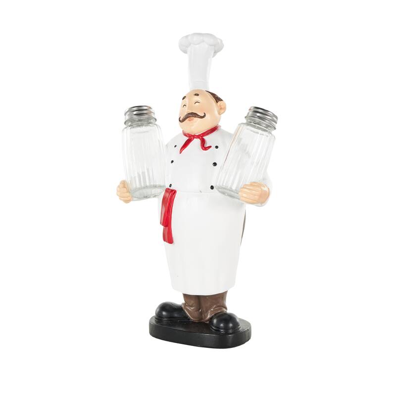 White Polystone Kitchen Decorative Figurine Chef Salt and Pepper Shaker Holder with Red Accents