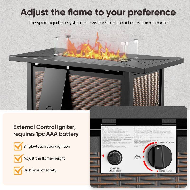 Outdoor Propane Fire Pit Table - 55000 BTU, Adjustable Flames - Rectangle