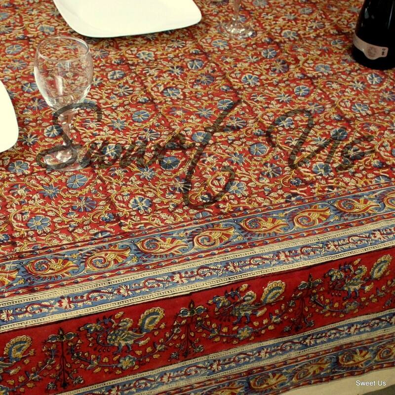 Block Print Cotton Vegetable Dye Antique Floral Tablecloth Rectangle
