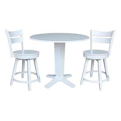 42 in Solid Wood Round Drop Leaf Counter Height Dining Table with Stools in White