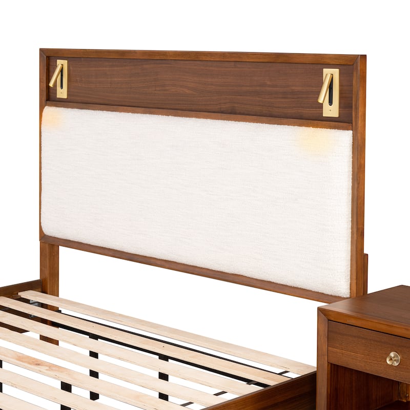 Furniture of America Forma Mid-Century Modern Walnut Boucle Storage Platform Bed with LED Reading Light