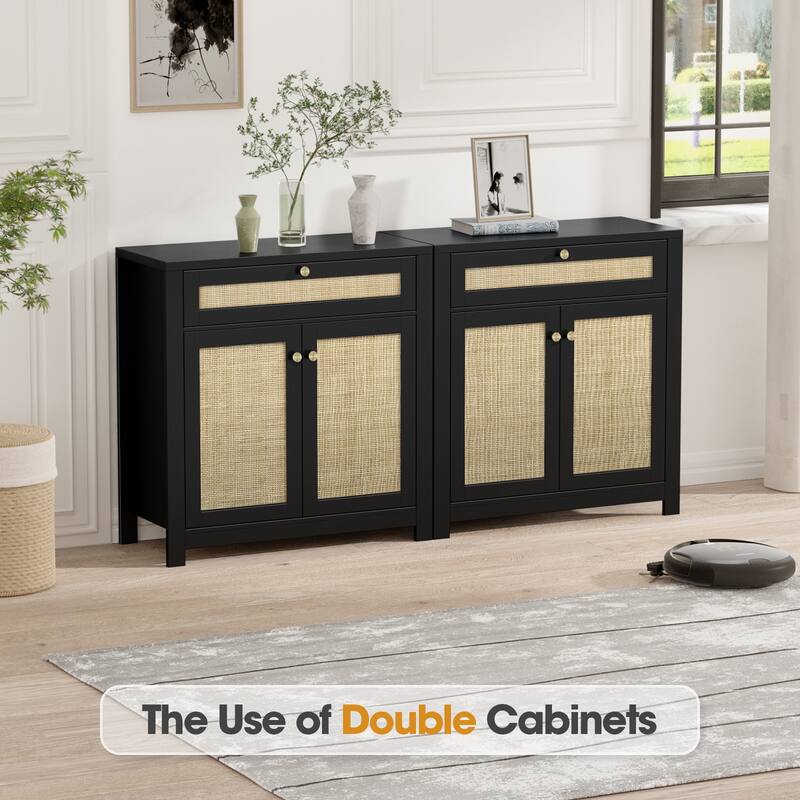 Anmytek 2-Door Black Rattan Cabinet with Drawer Storage Sideboard Buffet 31.5"W x 13.7"D x 32.8"H
