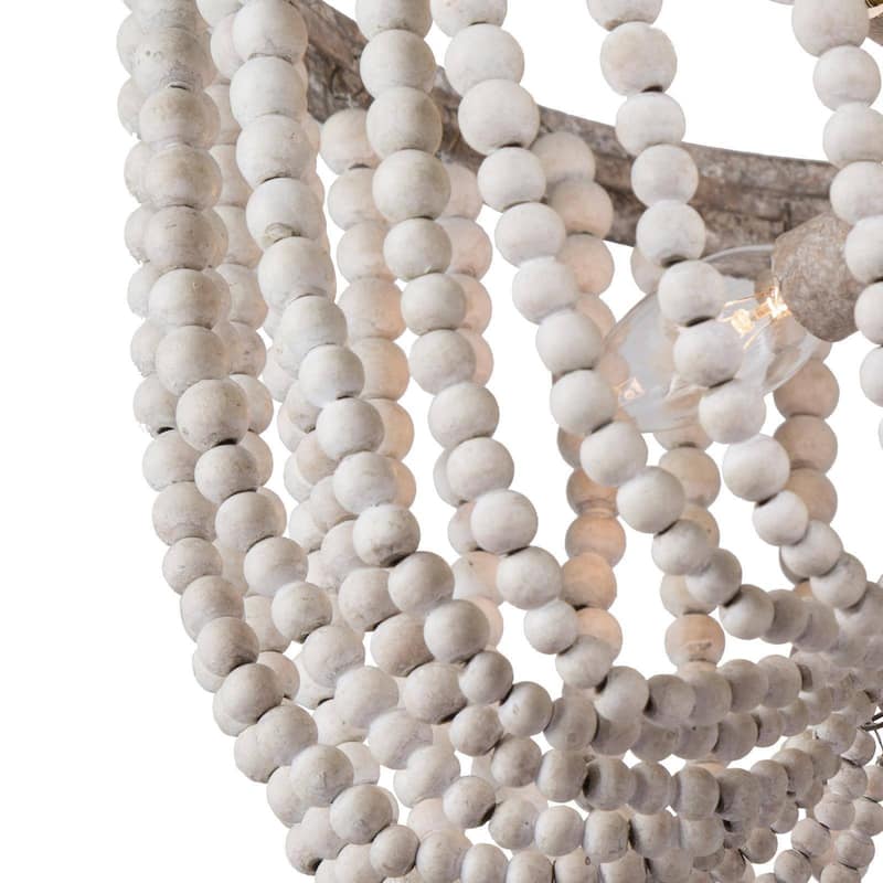Farmhouse Wood Boho White Beaded Drum 4-Light Coastal Chandelier for Dining Room/ Bedroom - D15.5"*H27"