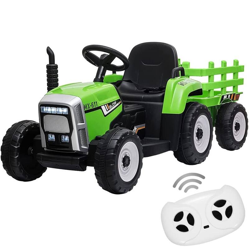 Kids Battery Powered Electric Tractor with Parent Remote Control & Trailer - Green
