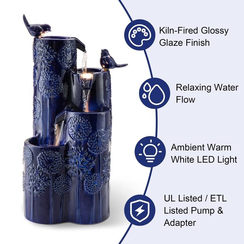 Glitzhome 27" H 4-Tier LED Ceramic Outdoor Floor Fountain with Birds, Cobalt Blue Turquoise Dandelion Texture Vase-Shaped