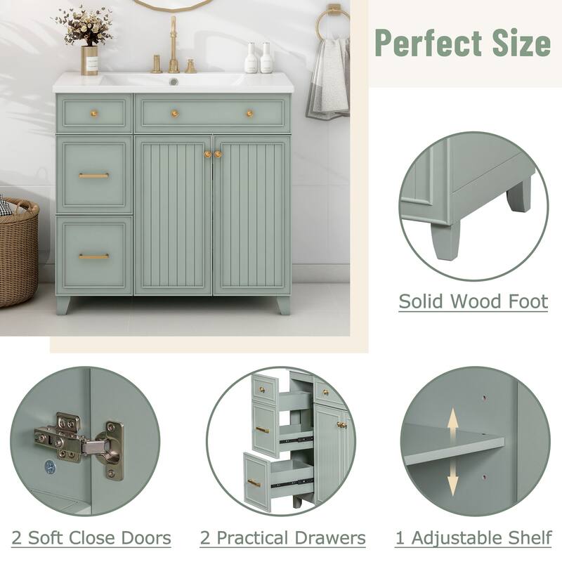 36-inch Bathroom Vanity with Rectangular Resin Sink, Modern Undermount Bathroom Sink Cabinet with 2 Drawers & Adjustable Shelf