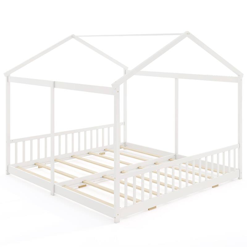 Gymax Double Floor Bed w/ Safety Guardrails No Box Spring Needed for