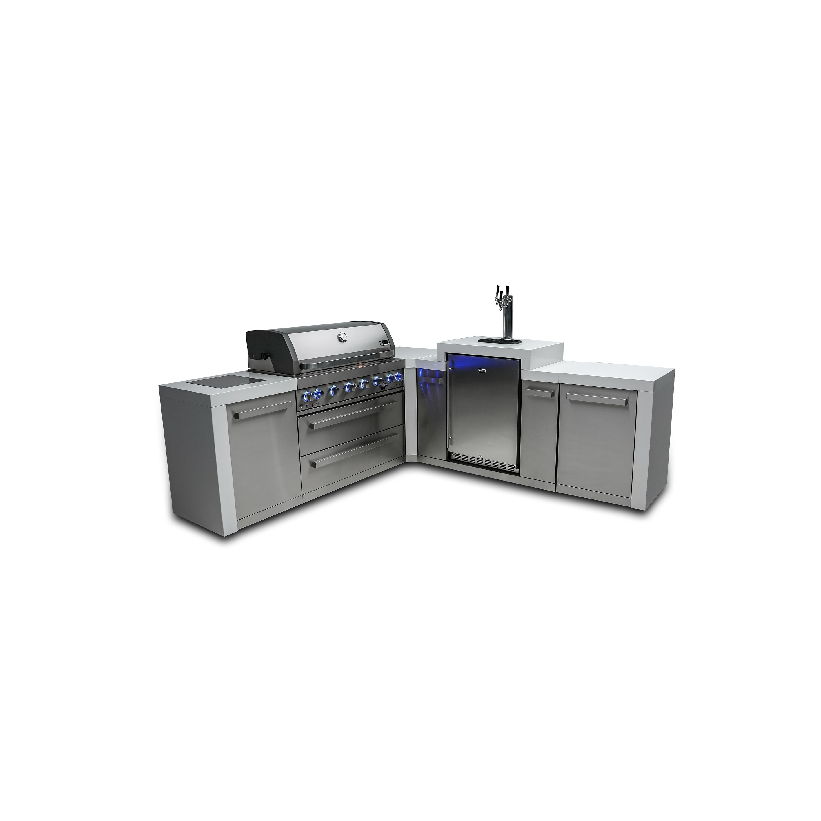 Mont Alpi MAi805-D90KEG L-Shaped Deluxe Stainless Steel Modular Outdoor Kitchen Island Gas Grill + 3-Tap Kegerator + Side Burner