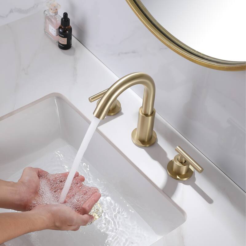 Modland Widespread 3-Hole Bathroom Faucet, 500K Cycle Ceramic Cartridge, 360 Swivel Spout & CEC Certified (Black/Gold/Nickel)