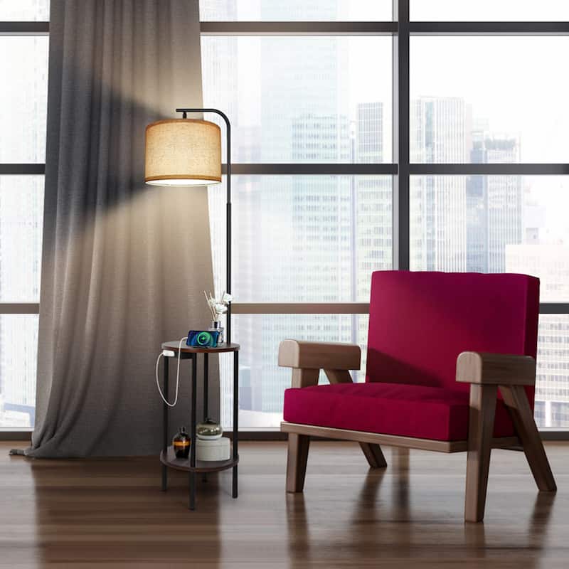62'' Black Tray Table Floor Lamp with USB and Outlet