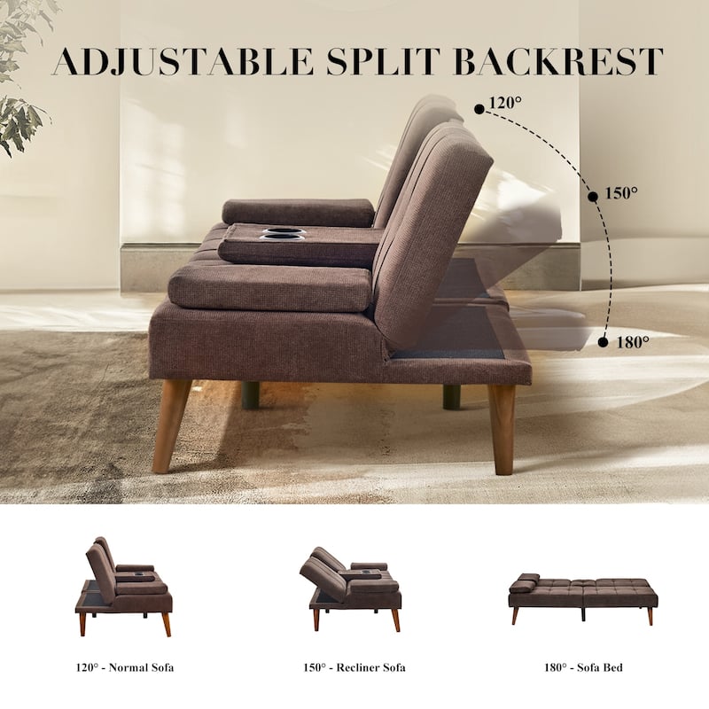 ​65" Futon Sofa Bed - Adjustable, Dual Cup Holders, Space-Saving for Small Rooms​