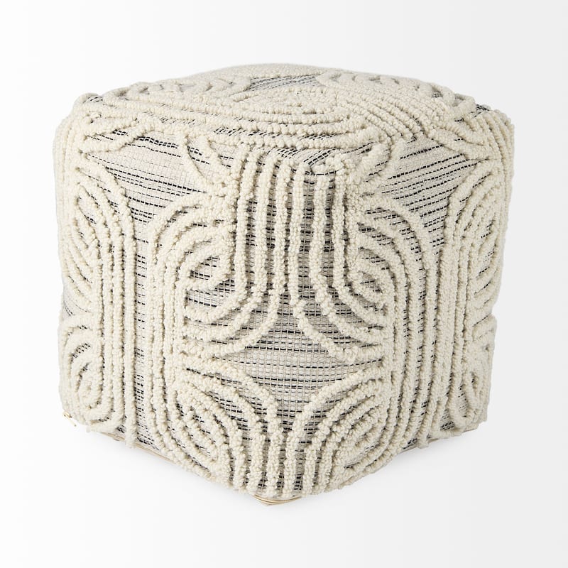 Mercana "Amaira" Cream / Black / White Patterned Wool & Cotton Square Pouf