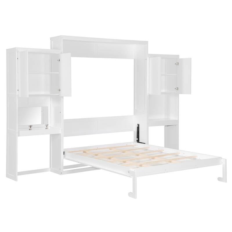 Queen Murphy Bed with Fold-Out Desk, Flip-Up Vanity Mirror, and Storage Cabinets, Space-Saving Design