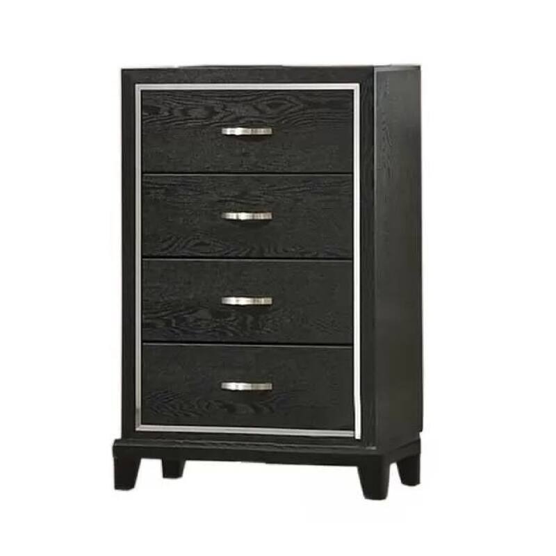 Lyla Tall Dresser Chest, Glam Silver Trim, 4 Drawer, Black Wood