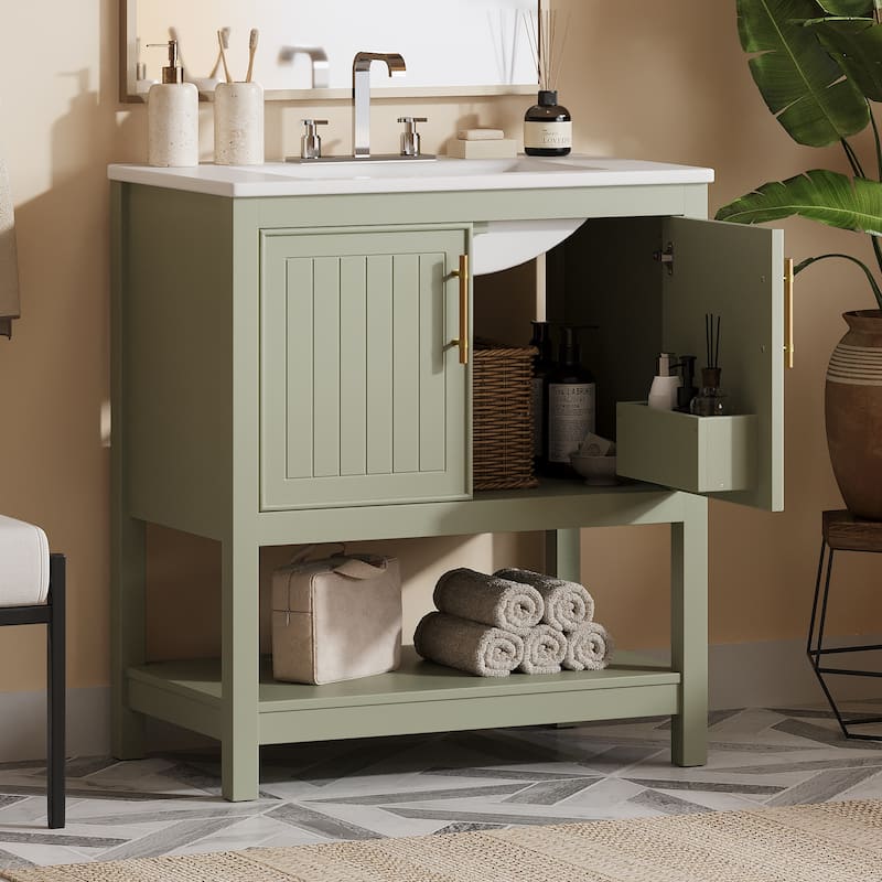 30'' Bathroom Vanity Combo with Ceramic Sink, Freestanding Bathroom Vanity Cabinet with 2 Soft Close Doors and Versatile Storage