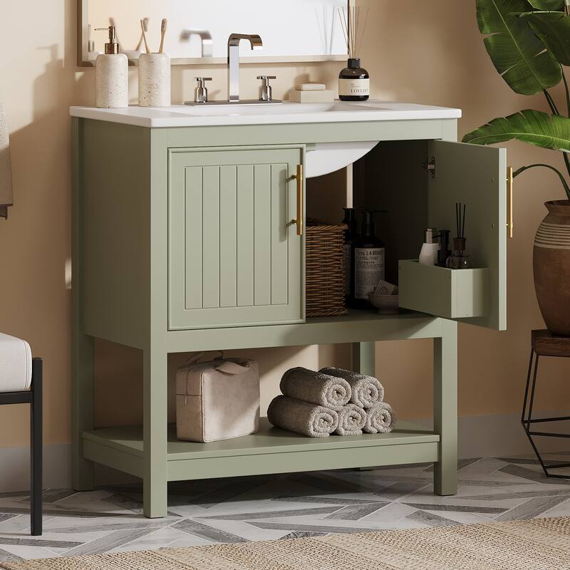 Vertical Stripe Storage Cabinet Versatile Bathroom Vanity with Ceramic Sink, Open Shelf, Door Storage Boxes and Golden Handles