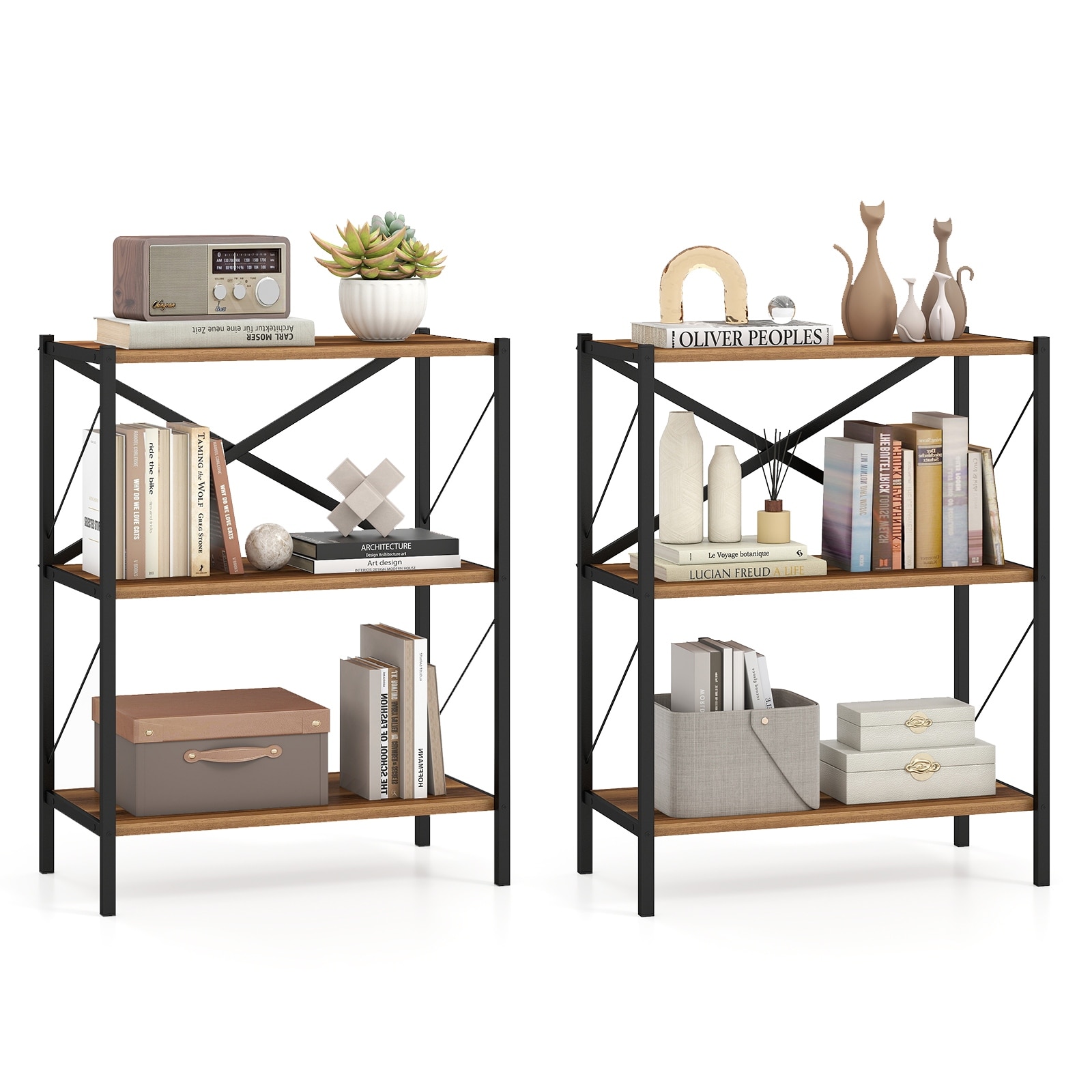 Gymax 2PCS 3-Tier Bookshelf Industrial Bookcase w/ Heavy-Duty Metal