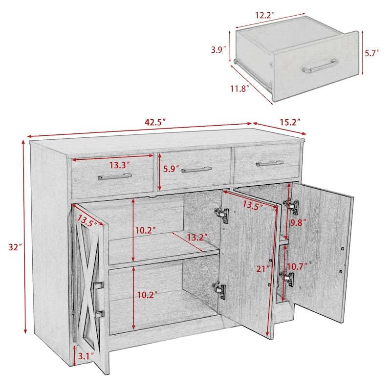 Barn Door Buffets Storage Cabinet Sideboards with 3 Drawers