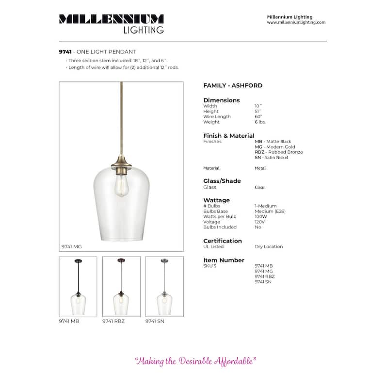 Millennium Lighting Ashford 1 Light Mini-Pendant in Multiple Finishes with a Clear Glass Shade