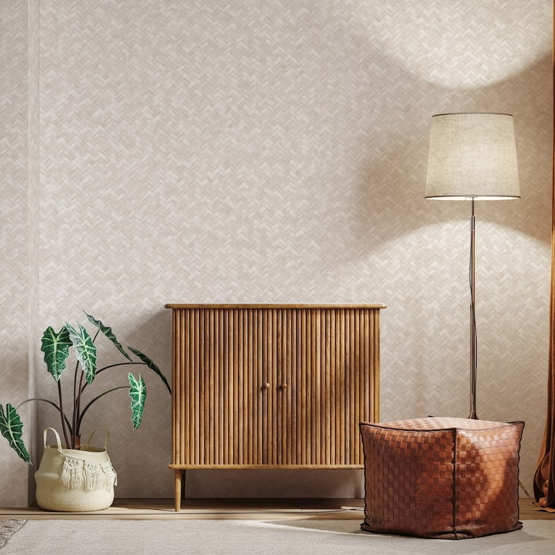 Braided Geometric Pattern Jute Basket Weave Chevron Wallpaper - Cream