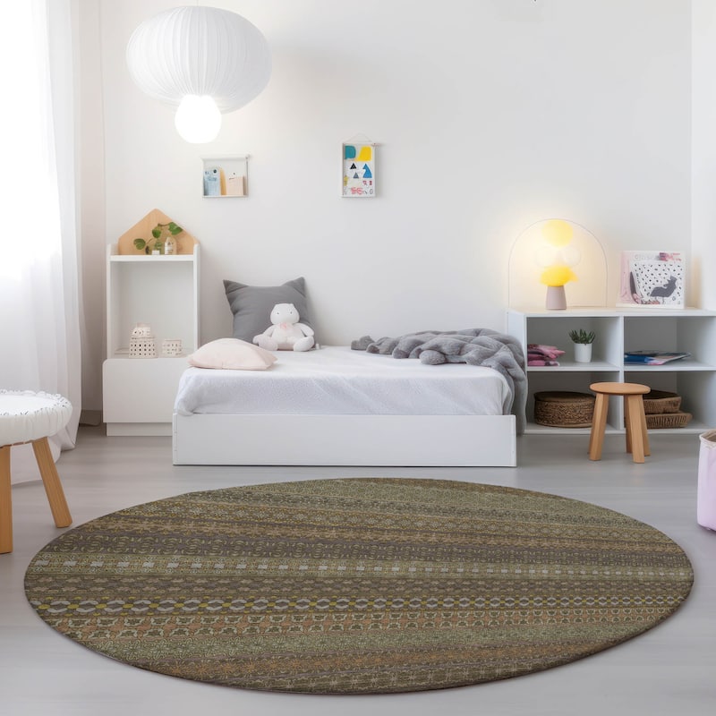 Machine Washable Indoor/ Outdoor Moroccan Stripes Chantille Rug - Khaki - 8' x 8'