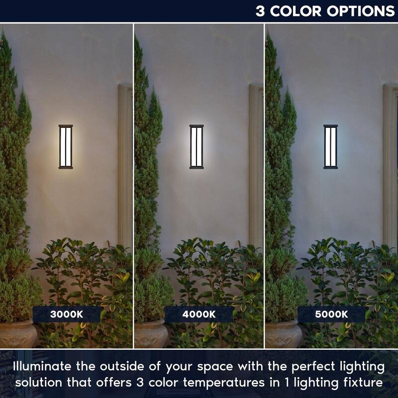Luxrite LED Outdoor Wall Sconce, 16in Outdoor Wall Light, Black Aluminum, 3CCT 3000K 4000K 5000K, 15W, ETL, IP65 2-Pack
