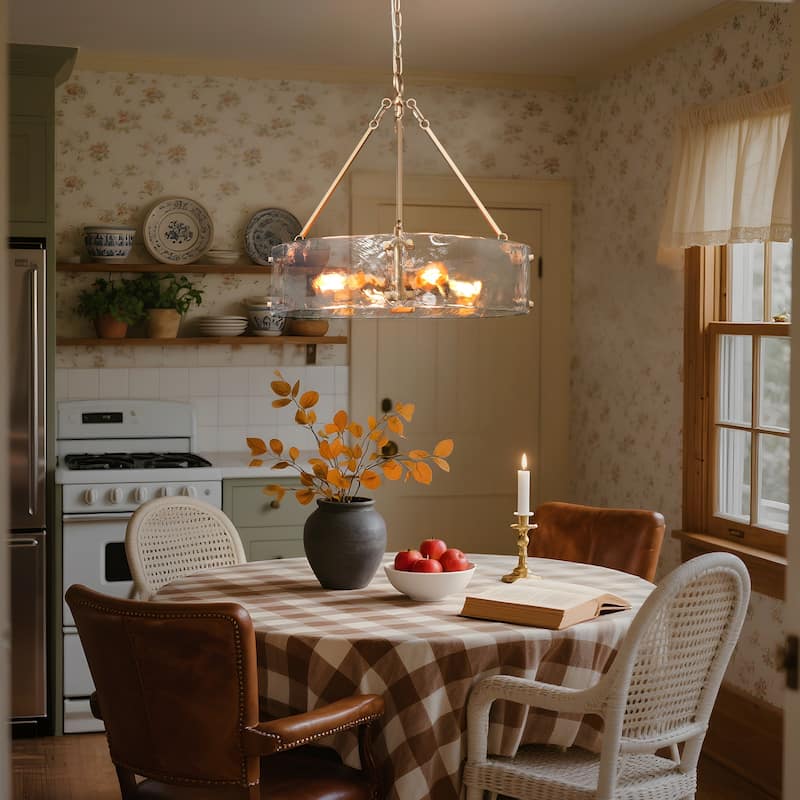 Modern 4-Light Gold Drum Chandelier Textured Glass Pendant Kitchen Island Lights for Dining Room - 19.5" D x 19" H