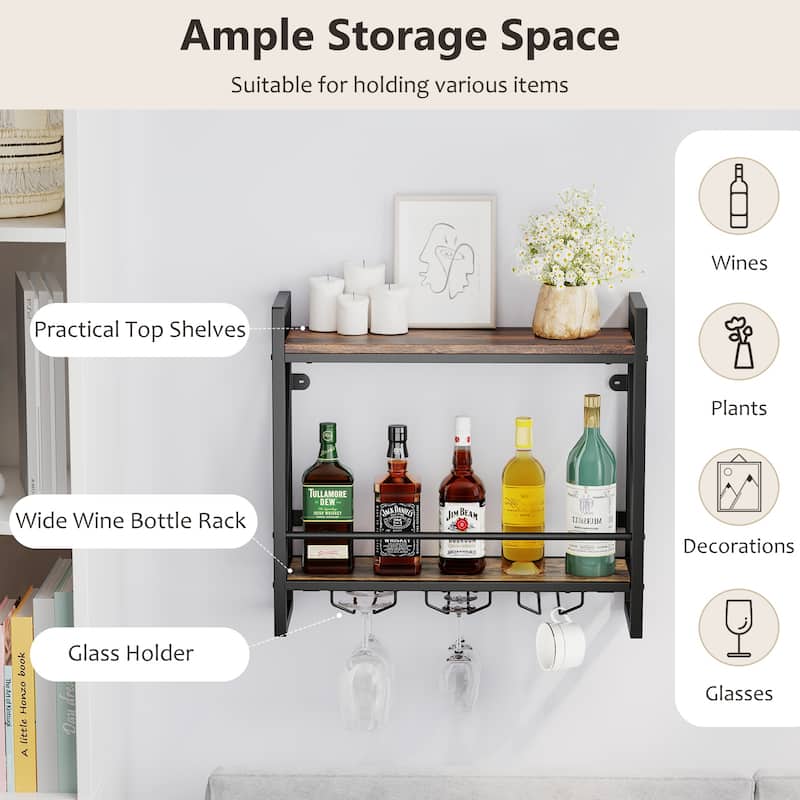 Wall Wine Rack with 2-Tier Shelves & 3 Glass Holders, Stylish and Functional Storage Solution - 23.5" x 8" x 21.5"