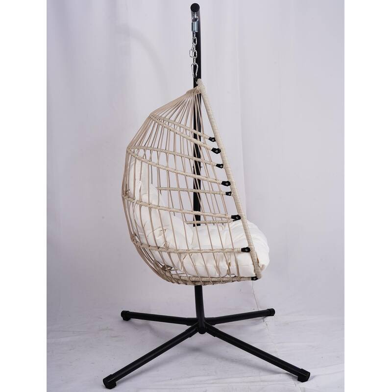Outdoor Egg Hanging Chair, Swing Chair with Stand & Aluminum-Steel Frame, Patio Rattan Wicker Hanging Swing Egg Chair