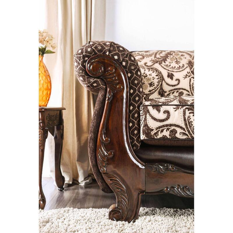 Chenille and Leatherette Loveseat with Pillows in Light Brown