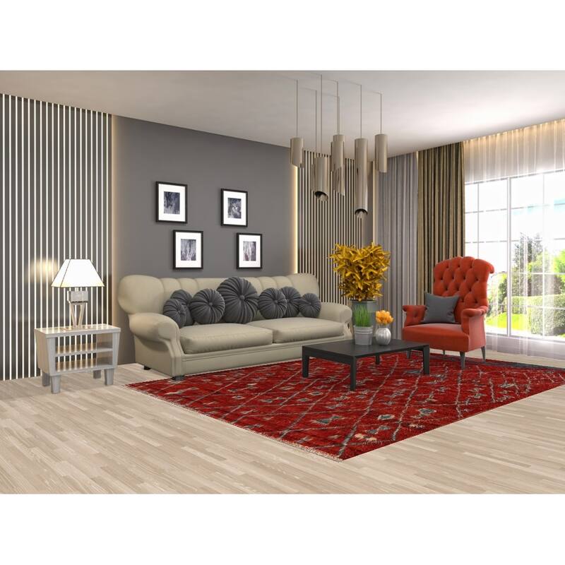 Hand Knotted Oriental 100% Wool Carpet Modern Tribal Red Moroccan Area Rug - 9' 9'' X 6' 5''