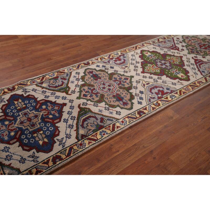 Geometric Kazak Runner Rug Hand-Knotted Beige Wool Carpet - 2'6"x 9'10"