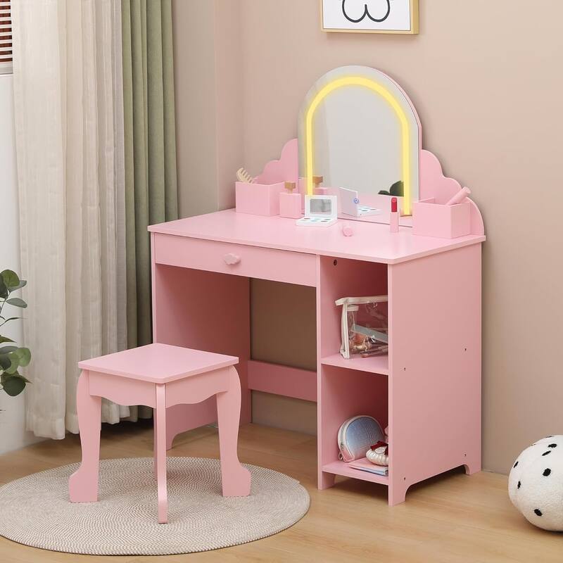 2 in 1 Kids Vanity Table & Stool with Lighted Mirror and Makeup Palyset