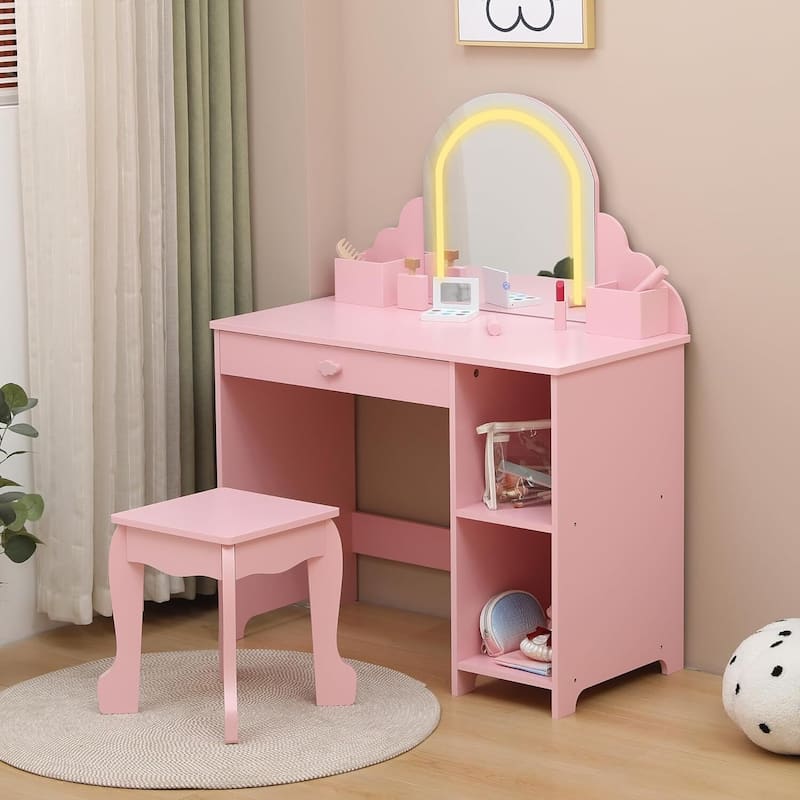 2 in 1 Kids Vanity Table & Stool with Lighted Mirror