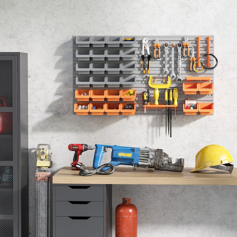 DURHAND 44 Piece Wall Mounted Pegboard Tool Organizer Rack Kit with Various Sized Storage Bins, Pegboard, & Hooks, Orange - Orange