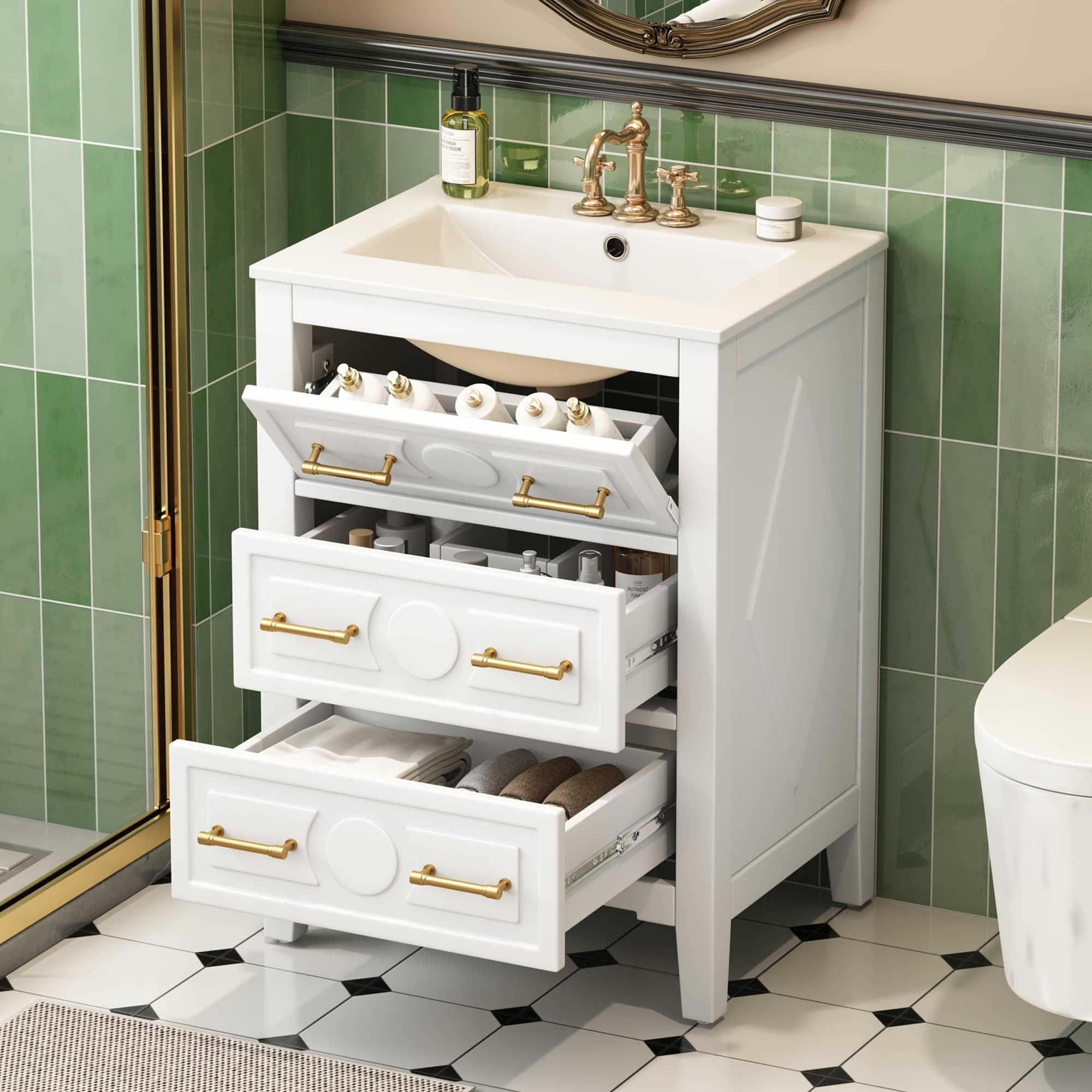 24 Inch Bathroom Vanity With Ceramic Sink 3 Drawers Solid Wood Frame Storage Cabinet