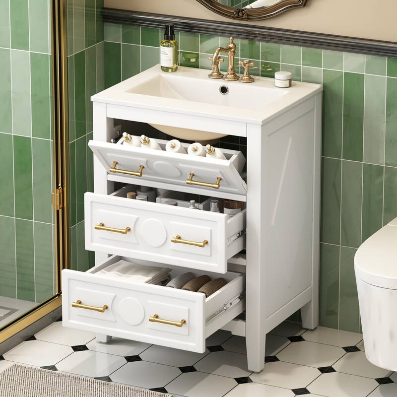 24 Inch Solid Wood Bathroom Vanity with Ceramic Sink, 3-Drawer Free Standing Storage Cabinet for Bathroom