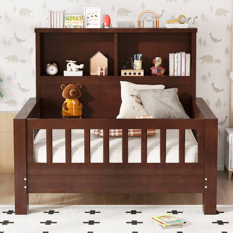 Pull Out Twin Size Platform Bed Converted into Baby Crib and Sofa with Storage Headboard and Removable Footboard