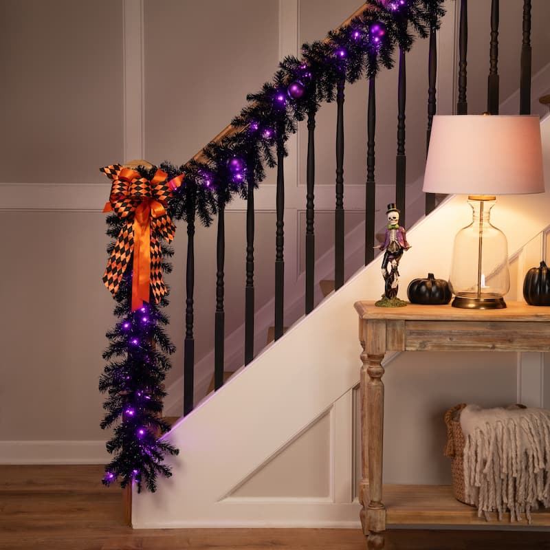 Pre-Lit Black Crystal Pine Artificial Halloween Garland - 9' x 12" - LED Purple