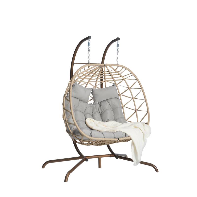 Double Rattan Egg Chair with Stand and UV-Resistant Cushions and Iron Frame - Outdoor Hanging Swing (600lb Capacity)
