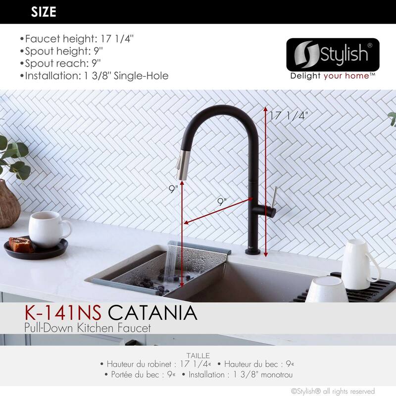 Single Handle Pull-Down Sprayer Kitchen Faucet K-141 - Height: 17.25" Spout H: 9" Spout R: 9"