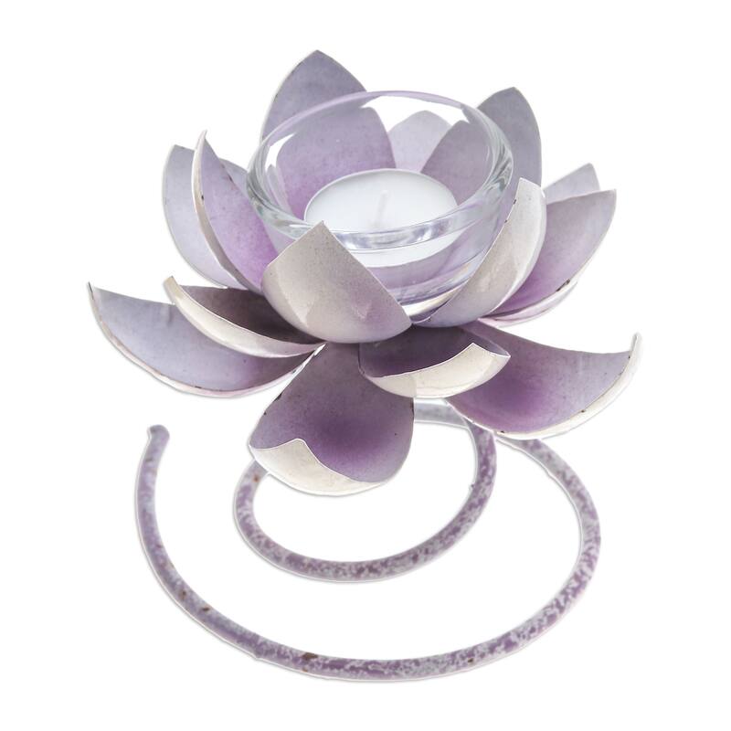 Novica Handmade Lotus Flame In Purple Steel And Iron Tealight Holder