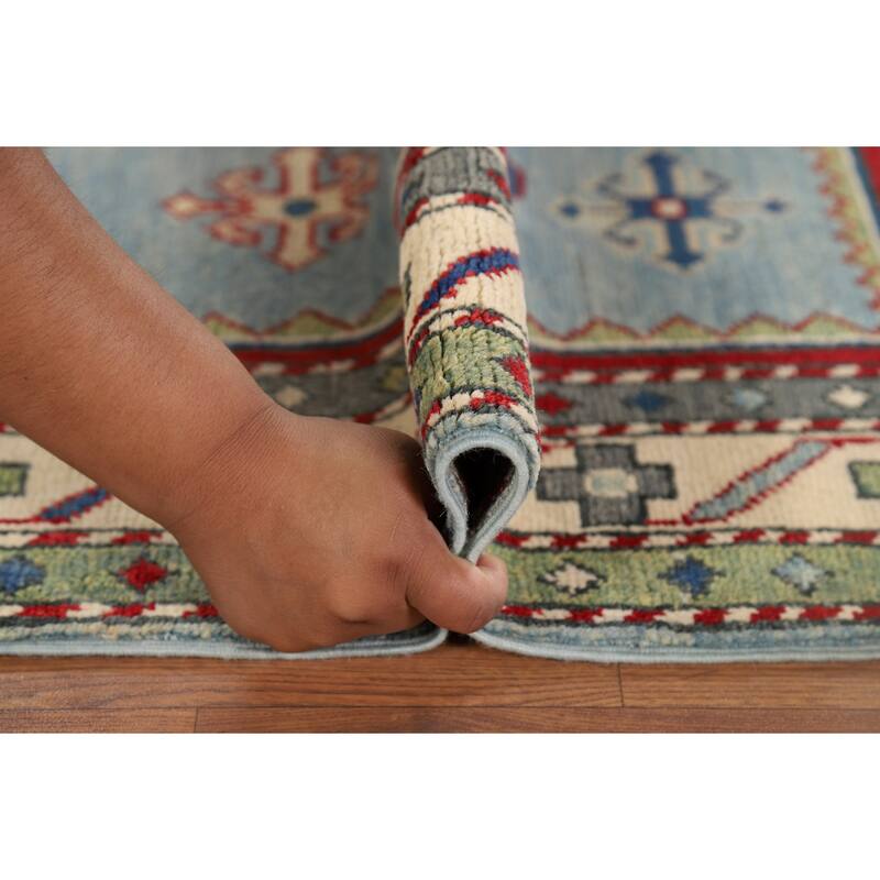 Light Blue Geometric Kazak Accent Rug Handmade Wool Carpet - 3'3" x 4'11"