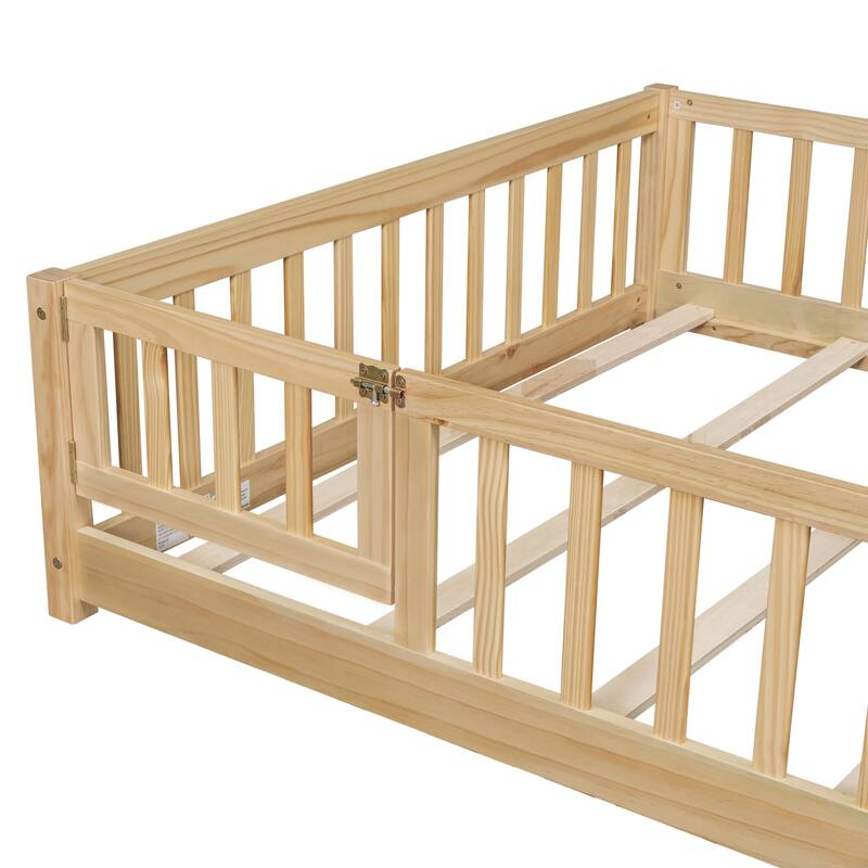 Floor Bed with Fence,Door and Safety Guardrails,Perfect for Kids' Play,Sleep and Development