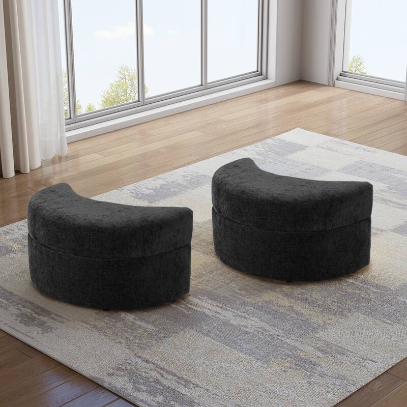 2 Set Moon Chenille Storage Ottoman - Black