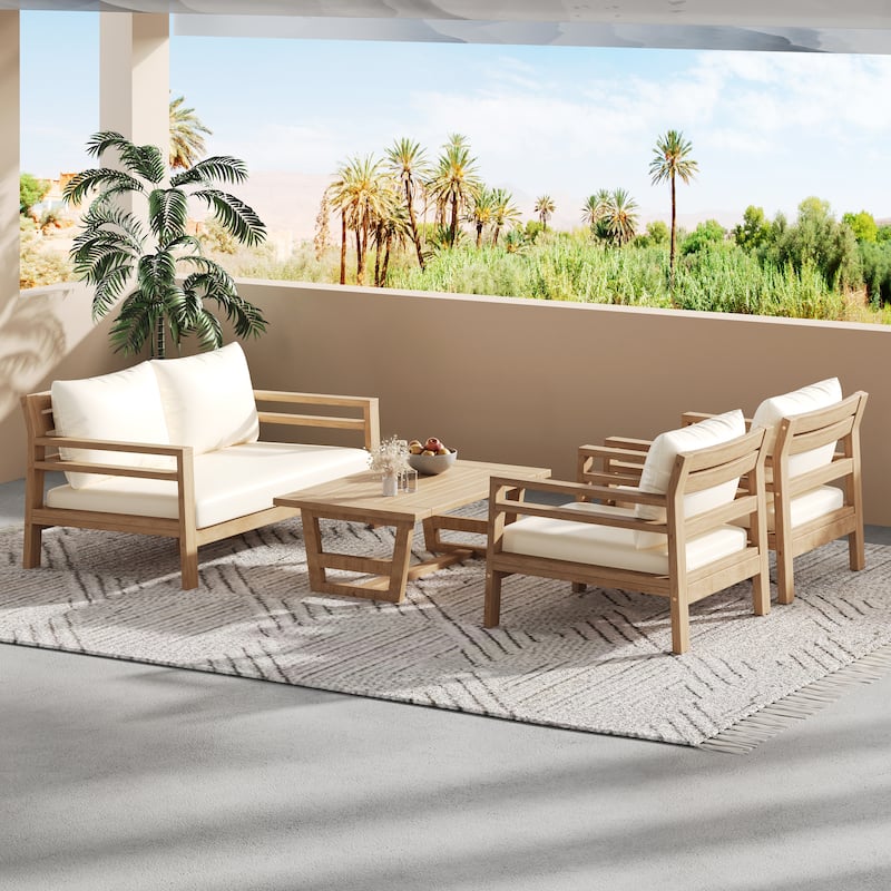 Christopher Knight Home - Everett Outdoor Acacia Wood 4-Piece Patio Conversation Set with Deep Seating and Coffee Table