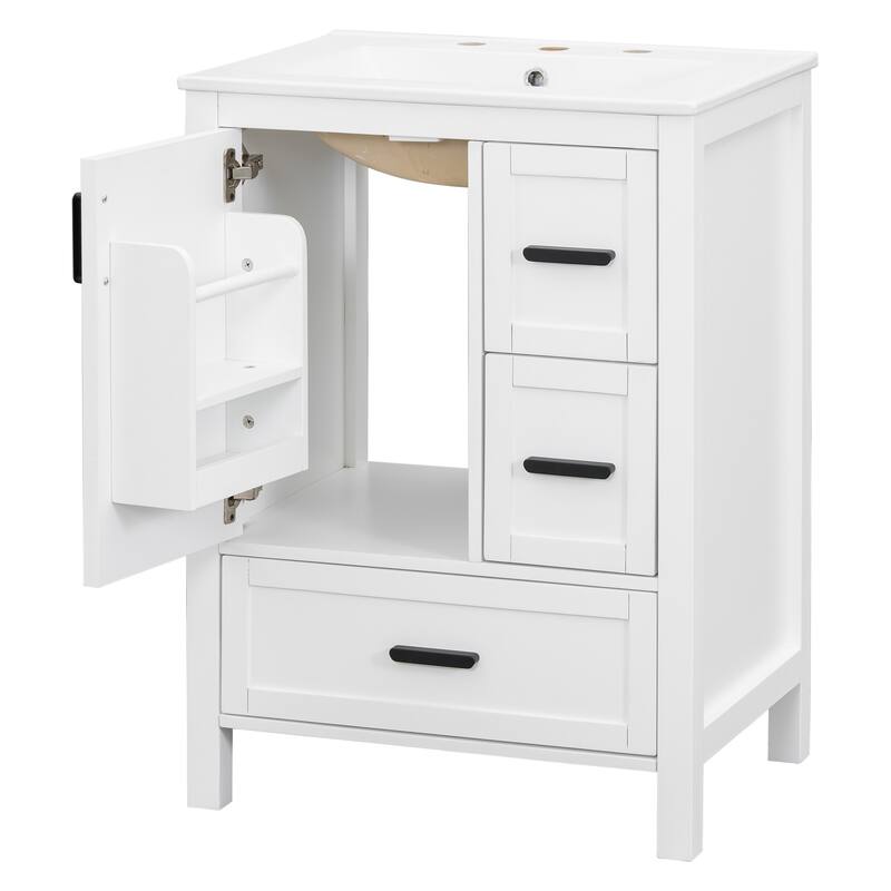 Modern 24" Bathroom Vanity with Ceramic Sink - Soft-Close Door with Double Shelf, 3 Drawers,for Small Spaces