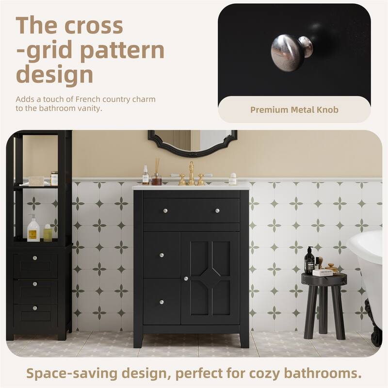 24" Modern Bathroom Vanity with Ceramic Basin and 2 Drawers